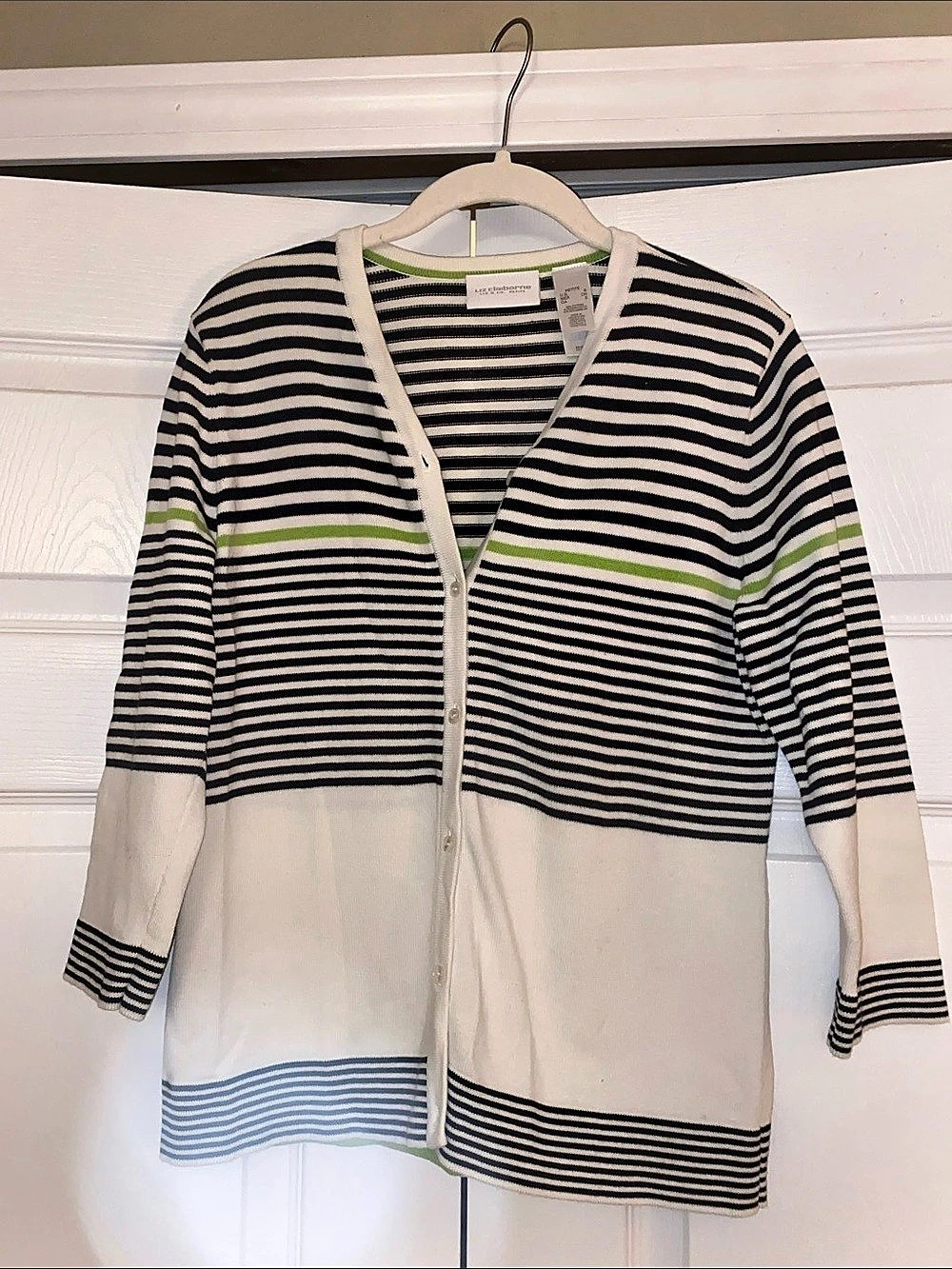 Liz Claiborne Striped Cotton Cardigan in Black & White Size Medium